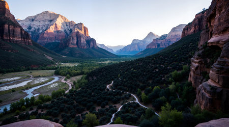 View of Zion National Park, Utah, USA. Landscape with river and mountains.の素材