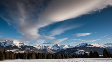 Mountain landscape with snow and blue sky with clouds in winter.の素材