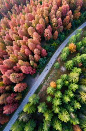 Aerial view of road in autumn forest. Top view of autumn forest.の素材