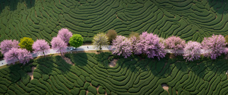 Cherry blossom and tea plantation in the morning, Aerial viewの素材