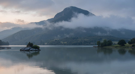 Landscape of a mountain lake in Bavaria at sunrise with clouds in the skyの素材