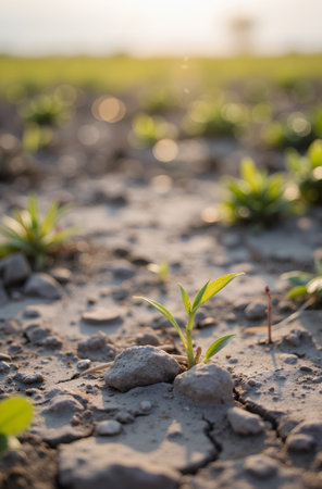 Young plant growing on dry soil in the morning light. Natural background.の素材