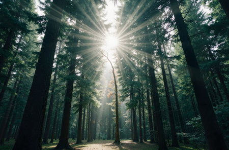 Sunlight in the morning in the pine forest. Nature background.の素材