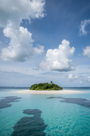Tropical island with white sand, turquoise ocean and blue skyの素材
