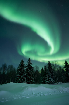Northern lights, Aurora borealis, northern lights in the winter forestの素材
