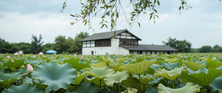 Lotus pond with old house in the background in summer day.の素材