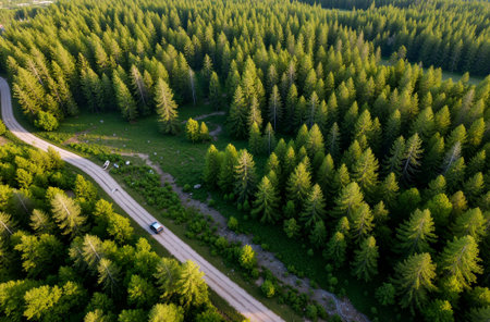 Aerial view of the road in the coniferous forest.の素材