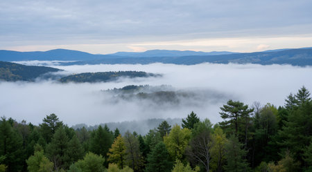 Foggy morning in the mountains. View from the hill.の素材