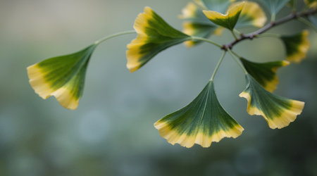 Ginkgo biloba leaves with bokeh background, close upの素材