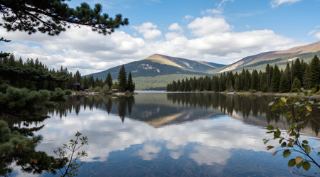 Lake with reflection of mountains and clouds in the water. Mountain landscape.の素材