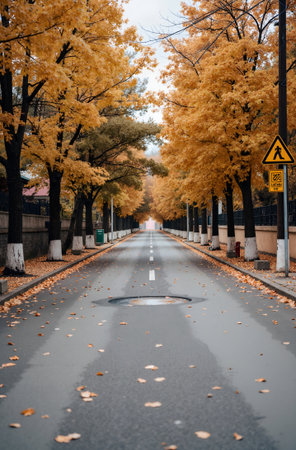 Autumn landscape in the city. Yellow leaves of trees on the road.の素材