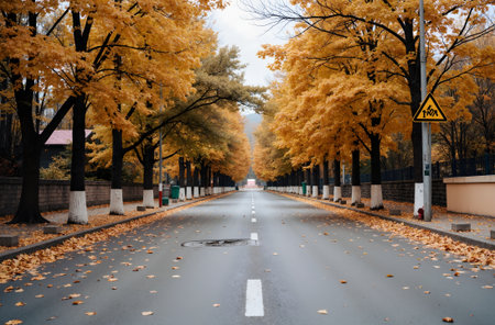 Autumn landscape with yellow trees and road in the city park.の素材