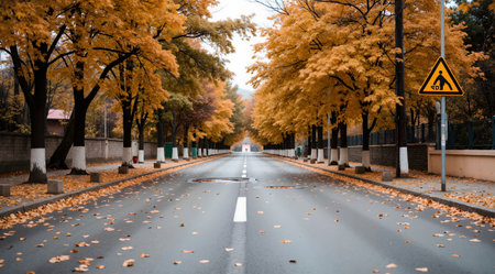 Autumn road in the city with yellow leaves. Autumn landscape.の素材