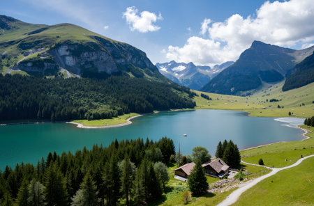 Panoramic view of the alpine lake in the Swiss Alpsの素材