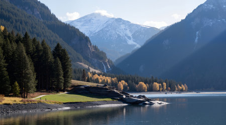 Beautiful autumn alpine landscape with lake and mountains. Altai, Siberia, Russiaの素材