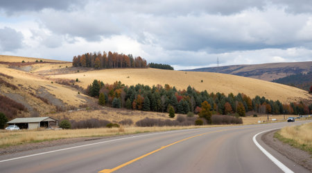 Panoramic view of a road in the mountains in autumn.の素材