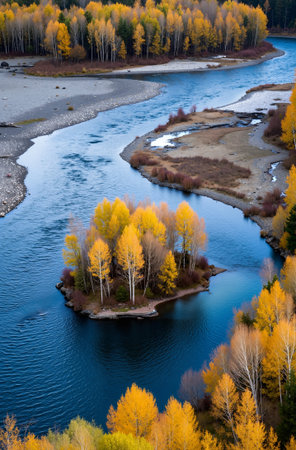 Aerial view of a small island in the middle of the river surrounded by yellow aspensの素材