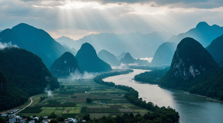 Panoramic view of Yangshuo, Guilin, Chinaの素材