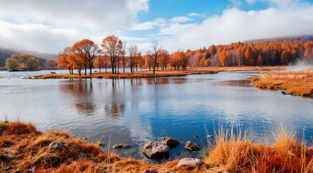 Autumn landscape with colorful trees on the shore of the lake.の素材