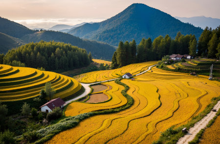 Terraced rice fields in Yunnan province, China. Terraced rice fields prepare the harvest.の素材