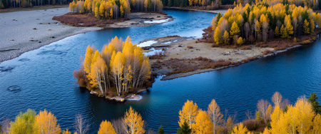 Panoramic view of the autumn forest and the river, Russiaの素材