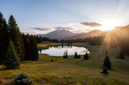 Sunset in the mountains with lake and forest in foreground, Slovakiaの素材