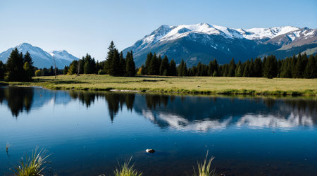 Mountains reflected in a lake with pine forest in the foreground.の素材