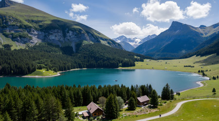 Panoramic view of alpine lake in the Alps, Switzerlandの素材