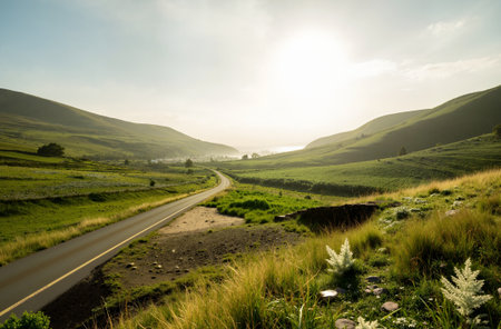 Beautiful landscape of grassland and road in the mountains at sunsetの素材