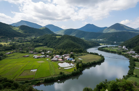 Landscape view of the river and village in the mountains, South Koreaの素材