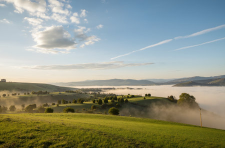 Foggy morning in the countryside of Tuscany, Italyの素材