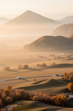 Autumn landscape in the mountains. Sunrise in the foggy morningの素材