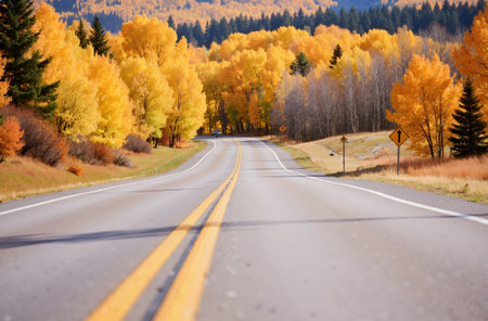 Aspen trees in autumn colors along the road in Colorado, USA.の素材