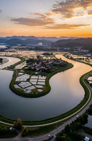 Aerial view of the river and village at sunset in Hangzhou, Chinaの素材