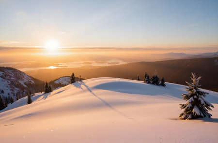 Majestic sunset in the winter mountains landscape. Dramatic wintry scene. Carpathian, Ukraine, Europe. Beauty world.の素材