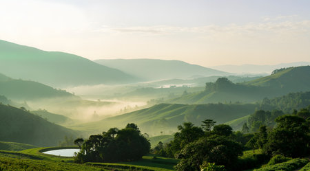 Landscape of tea plantation in the morning at Doi Angkhang, Chiang Mai, Thailandの素材
