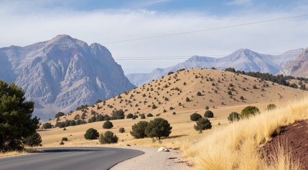 Road in the desert with mountains in the background, California, USAの素材