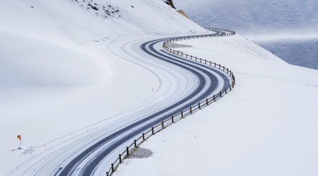 Curve road in the snowy mountains. Winter landscape with snow and blue sky.の素材