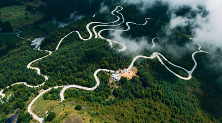 Aerial view of the mountain road in the clouds. Carpathians, Ukraineの素材
