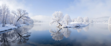 Winter landscape with river and trees in hoarfrost, panoramaの素材