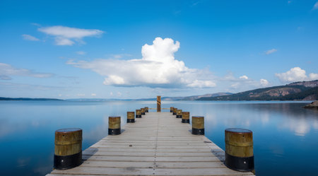 Jetty on a lake with blue sky and clouds in the backgroundの素材