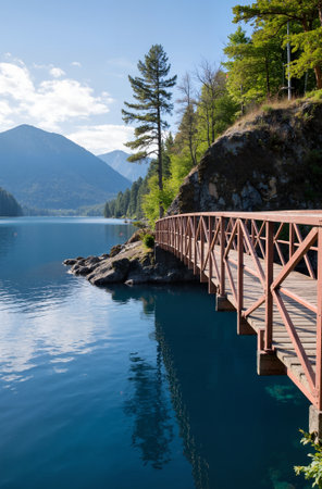 Wooden bridge over the lake with mountains in the background, Switzerlandの素材