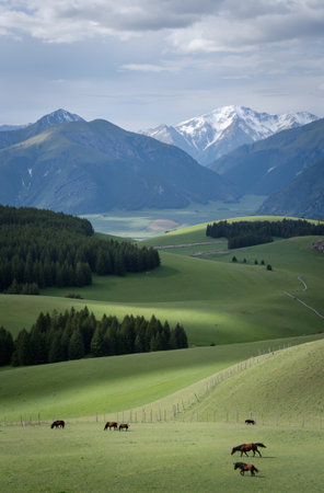 Horses grazing in a green meadow with mountains in the backgroundの素材