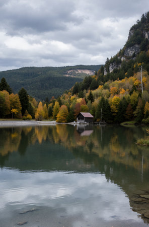 Autumn Landscape with lake and forest in Bavaria, Germanyの素材