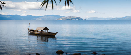 Fishing boat on lake Ohrid, Macedonia. Panoramic view.の素材