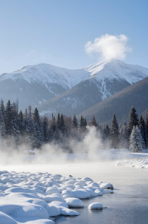 Winter road through the snow-covered forest and blue sky with cloudsの素材