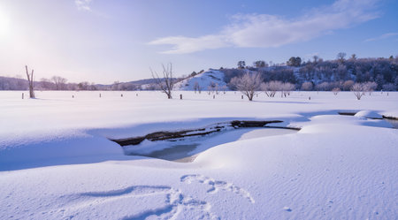 Winter landscape with snow covered fir trees and blue sky at sunset.の素材