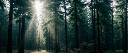 Panoramic view of the sun shining through the trees in the forestの素材