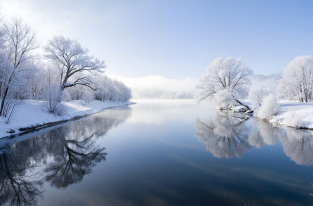 Winter landscape with a river and trees in hoarfrost and snowの素材