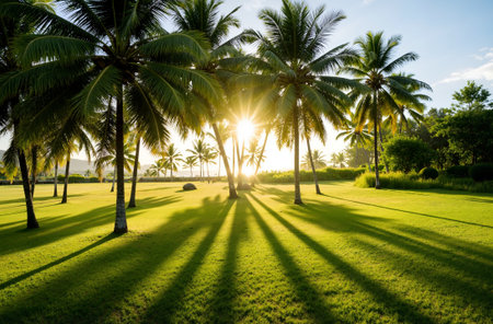 silhouette coconut tree on the green grass field with sunlight backgroundの素材